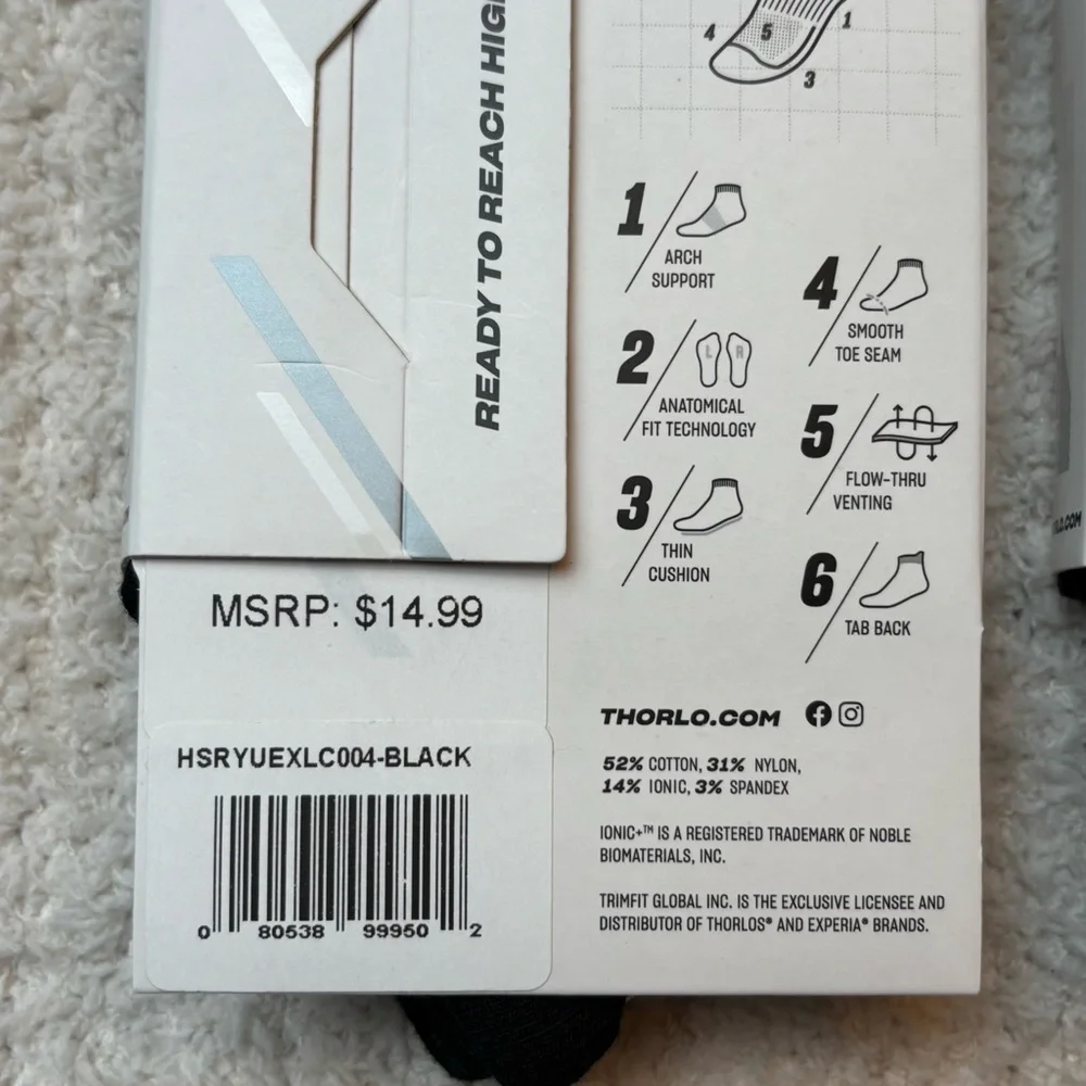 Thorlos Experia Silver Socks Unisex Med‎ Black Arch Support Cushioned Breathable